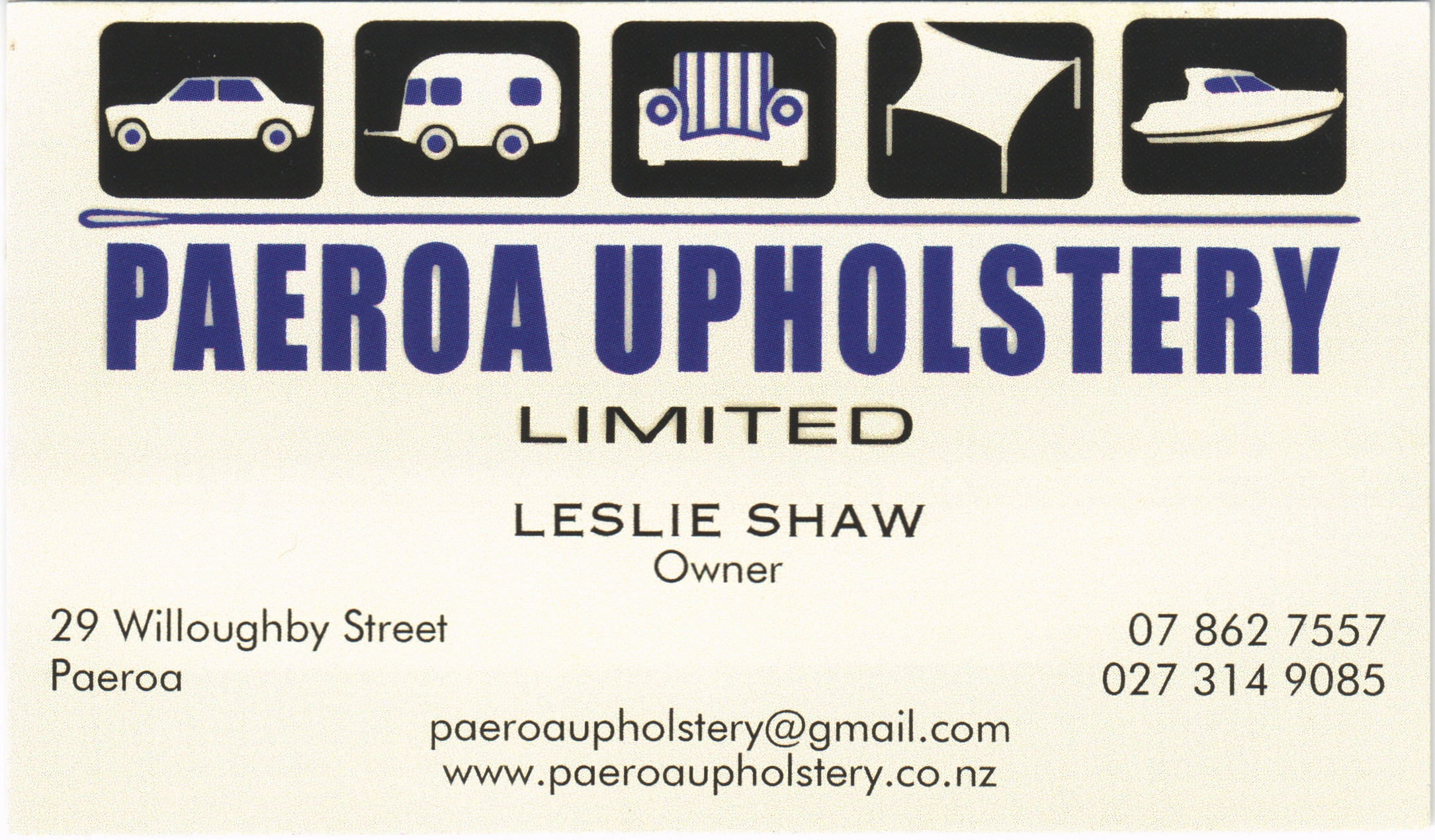Paeroa Upholstery Card Front